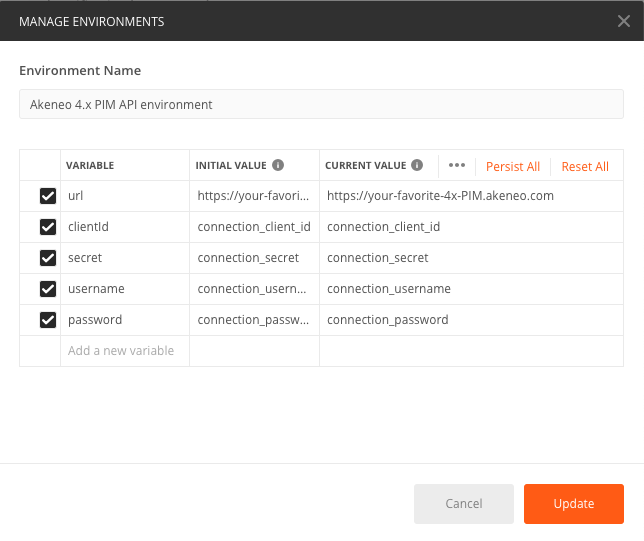 Postman environment popin